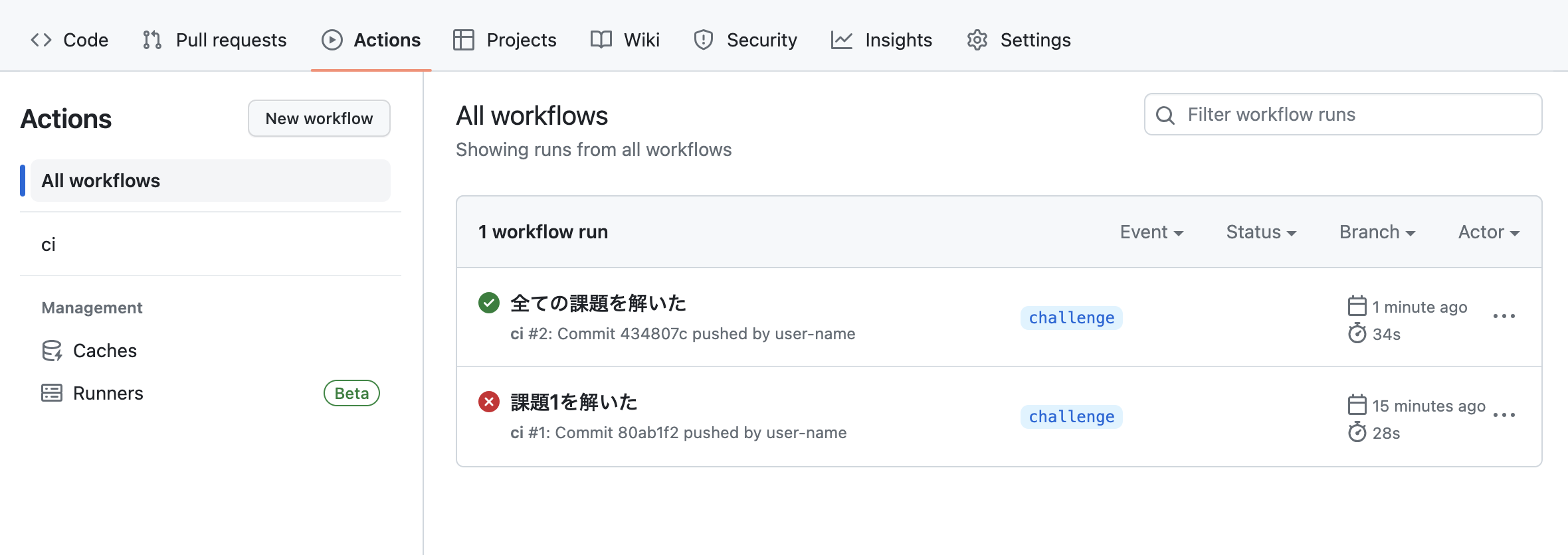 GitHub Actionsの画面。コミットメッセージの横にアイコンが表示されている。